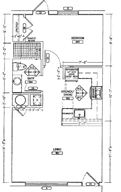 Floor plan for 1 bed, 1 bath, 572 sqft